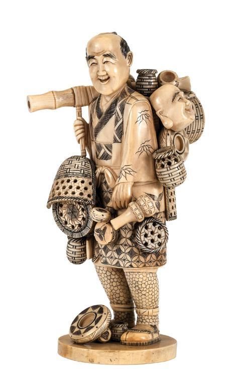 a figurine of a man with many objects on his back