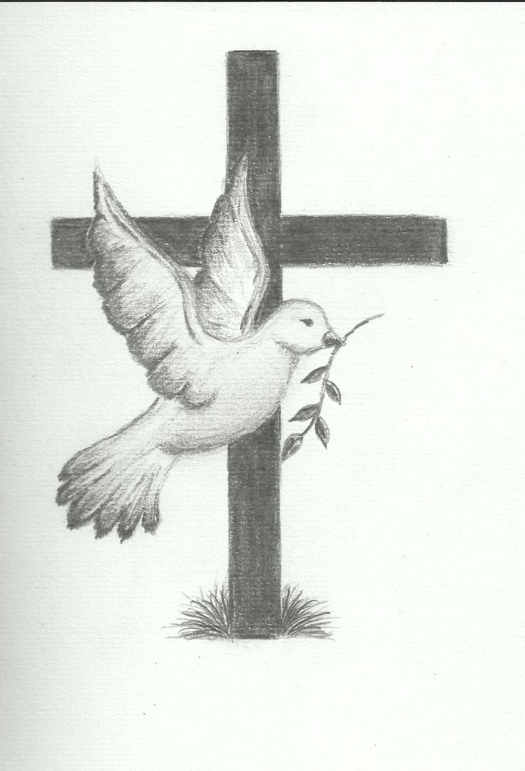 a drawing of a cross with a dove and twig hanging from it's side