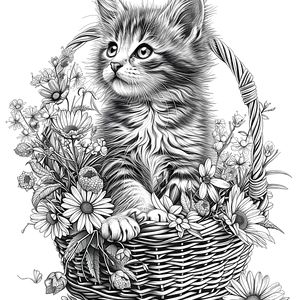 a drawing of a kitten sitting in a basket with daisies and flowers on it