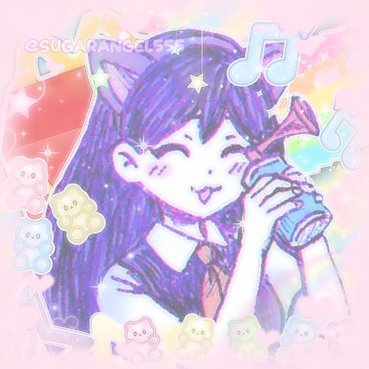 a drawing of a girl with purple hair and cat ears holding a microphone in front of her face