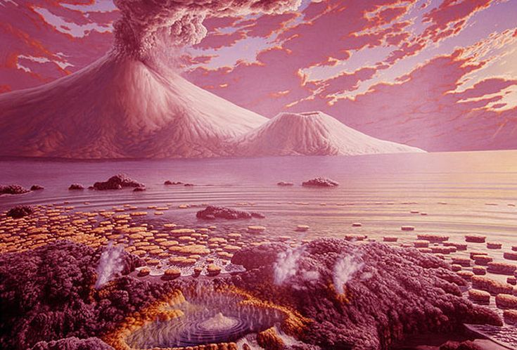 an artist's rendering of a volcano in the middle of a body of water