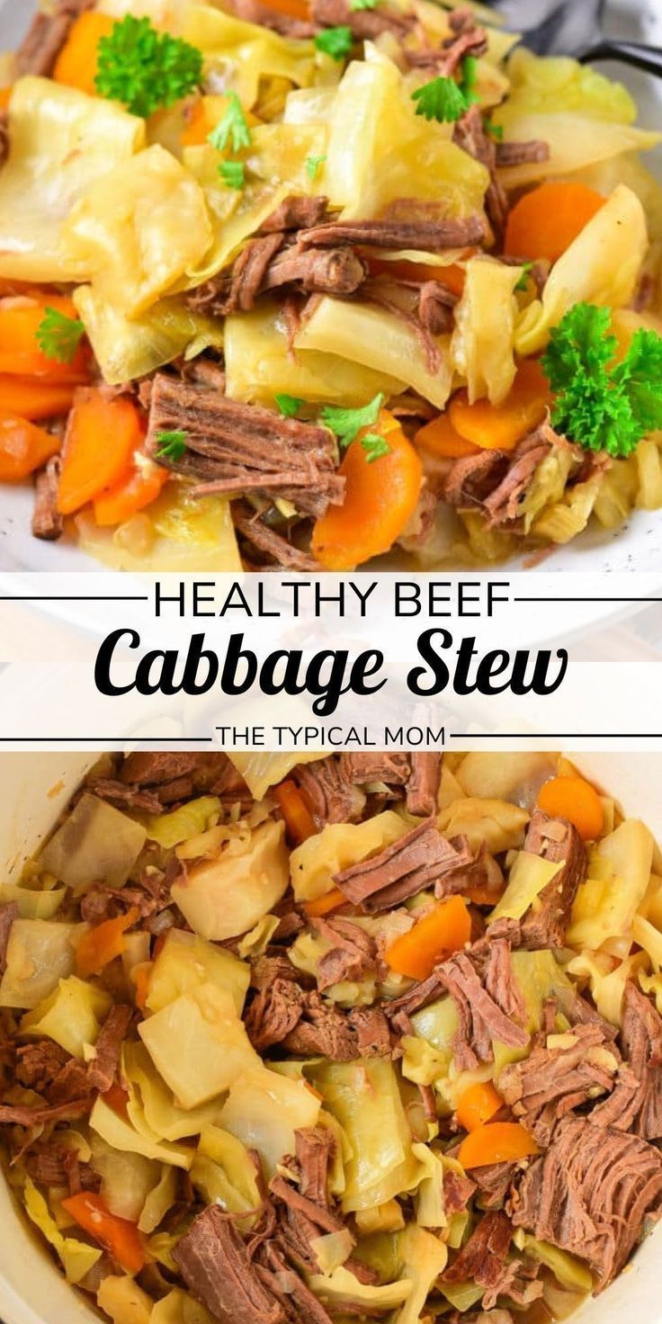 two pictures of cabbage beef stew with carrots and celery in a white bowl