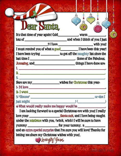 a christmas letter to santa with ornaments hanging from the top and below it, on a red background