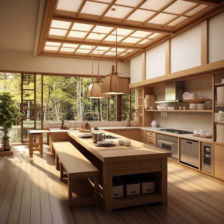 a kitchen with wooden floors and lots of windows