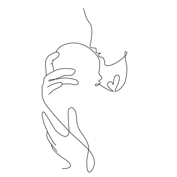 a line drawing of a woman's face with her hands over her head and the word love written on it