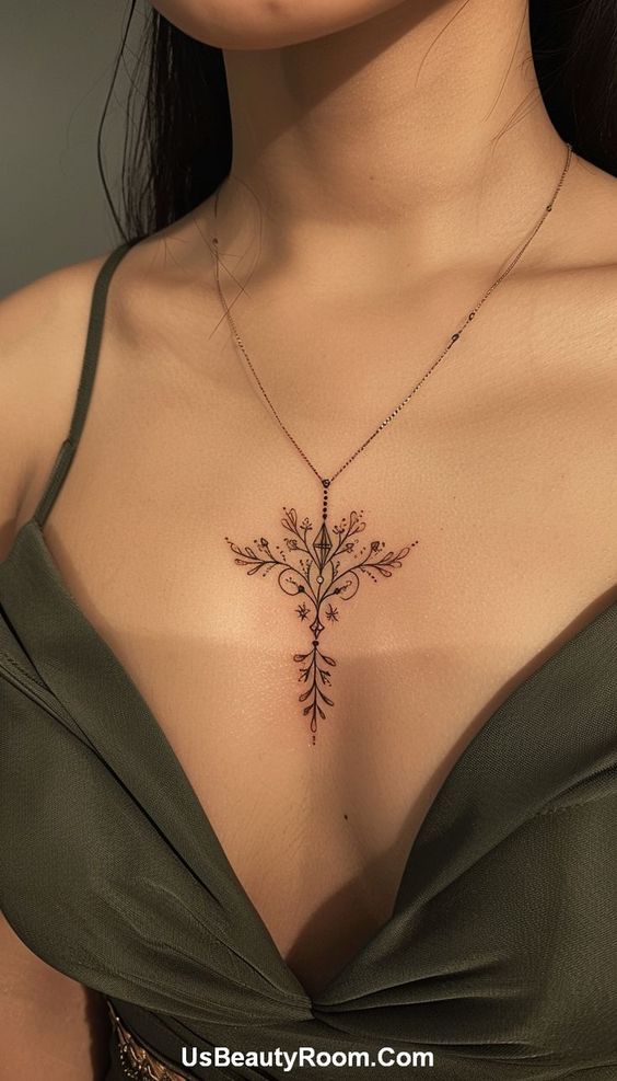 a close up of a woman's chest wearing a necklace with flowers on it