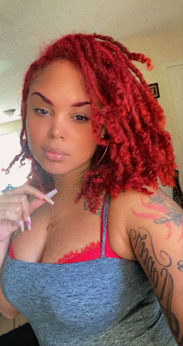 Short Red Faux Locs, Maroon Locs Black Women, Locs With Curly Ends Black Women, Dread Hair Color Ideas, Red And Orange Locs, Red Starter Locs, Maroon Locs, Red Locs Black Women, Red Faux Locs