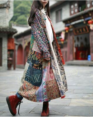 Women 100% Cotton Linen Folk Art Maxi Long Button Floral Loose Jacket Dress Coat | eBay Quilted Housecoat, Women's Trench Coat, Hippie Jacket, Moda Hippie, Floral Print Jacket, Patchwork Clothes, Patchwork Coat, Mode Boho, Long Coat Women