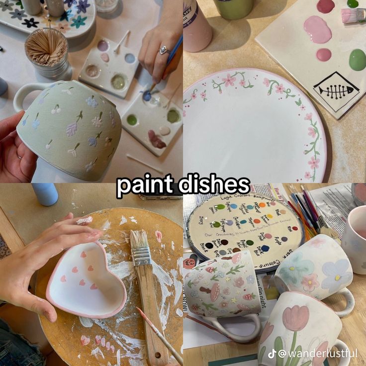 someone is painting dishes on a table with paintbrushes and other things around them