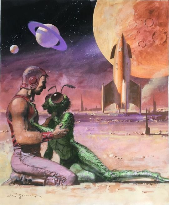 an alien man and woman sitting on the ground next to each other in front of a space station