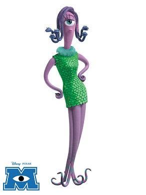 a cartoon character in a green dress with an octopus on her head and hands behind her back