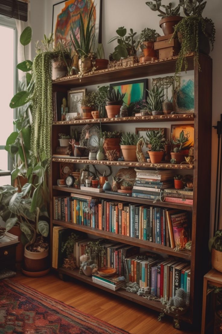 a bookshelf filled with lots of plants and potted plants next to a window