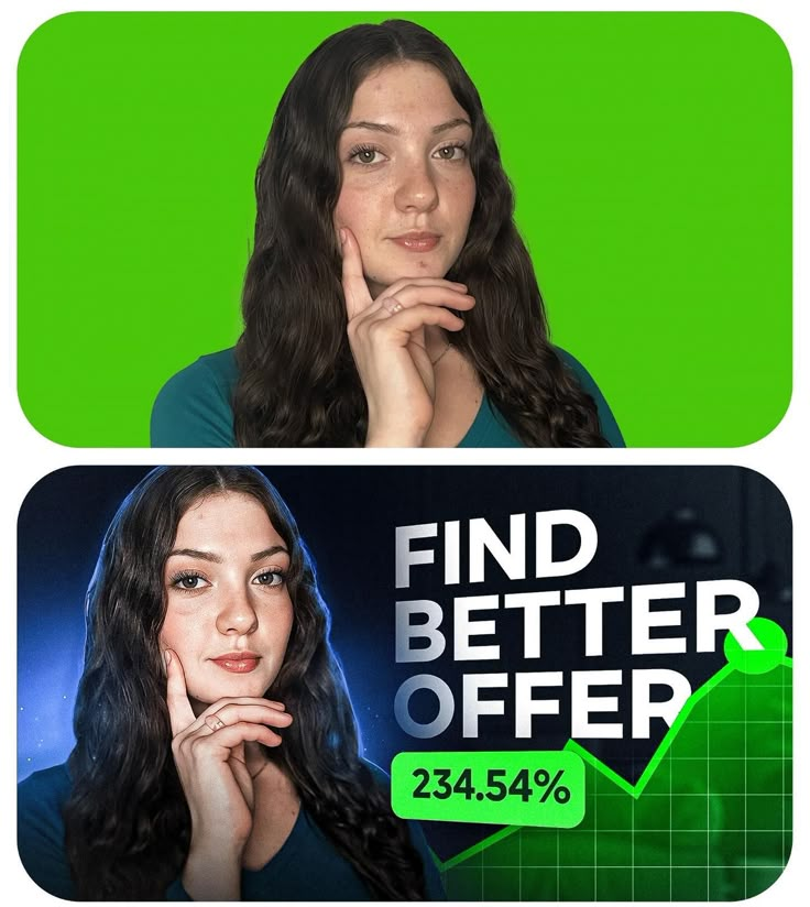 two photos with the same woman in green and black, one has her hand on her chin