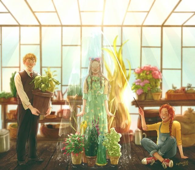 two people are sitting on the floor in front of potted plants and one is holding a basket