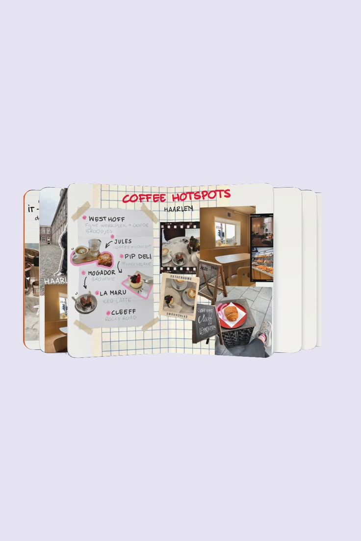 the coffee hotpots cookbook is open to show pictures and words on it