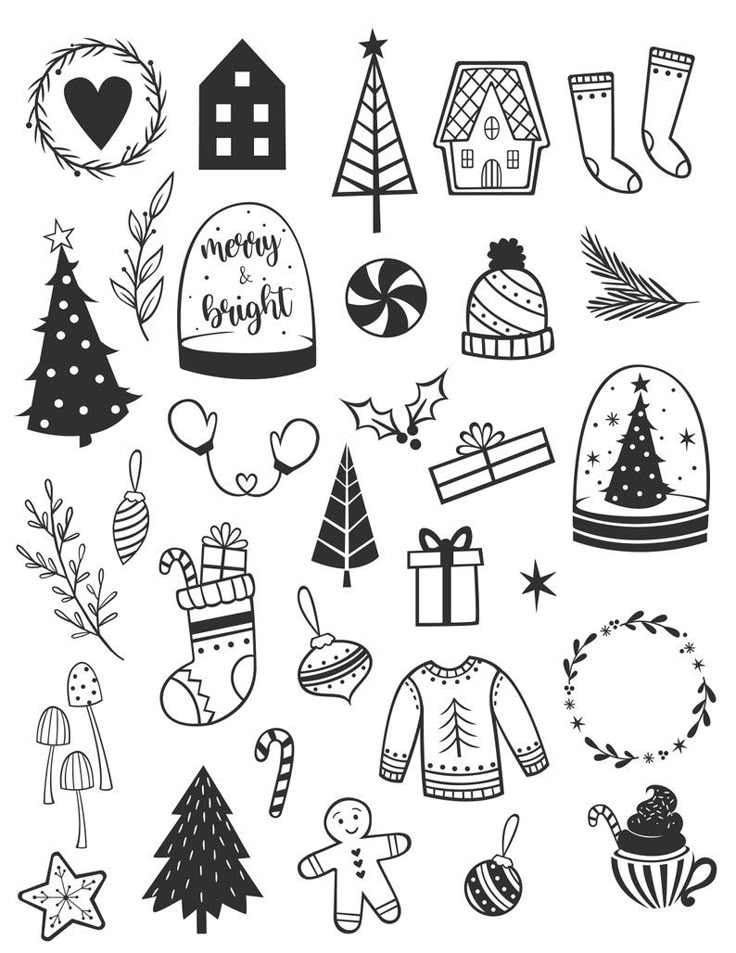 black and white christmas doodles with presents, stockings, hats, trees, gifts