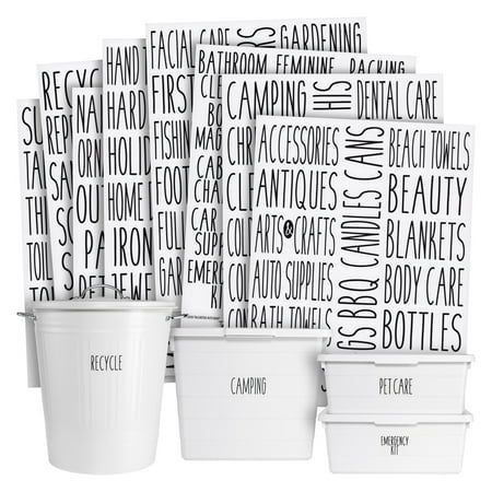 white plastic containers with black and white words on the front, one is filled with paper