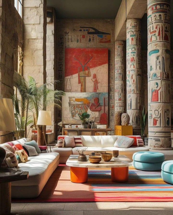 a living room filled with lots of furniture next to tall pillars and paintings on the wall