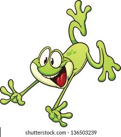 cartoon green frog with bulging eyes and legs, jumping in the air to catch an insect