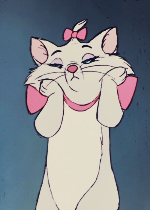 a cartoon cat with a pink bow on its head and hands in front of her face