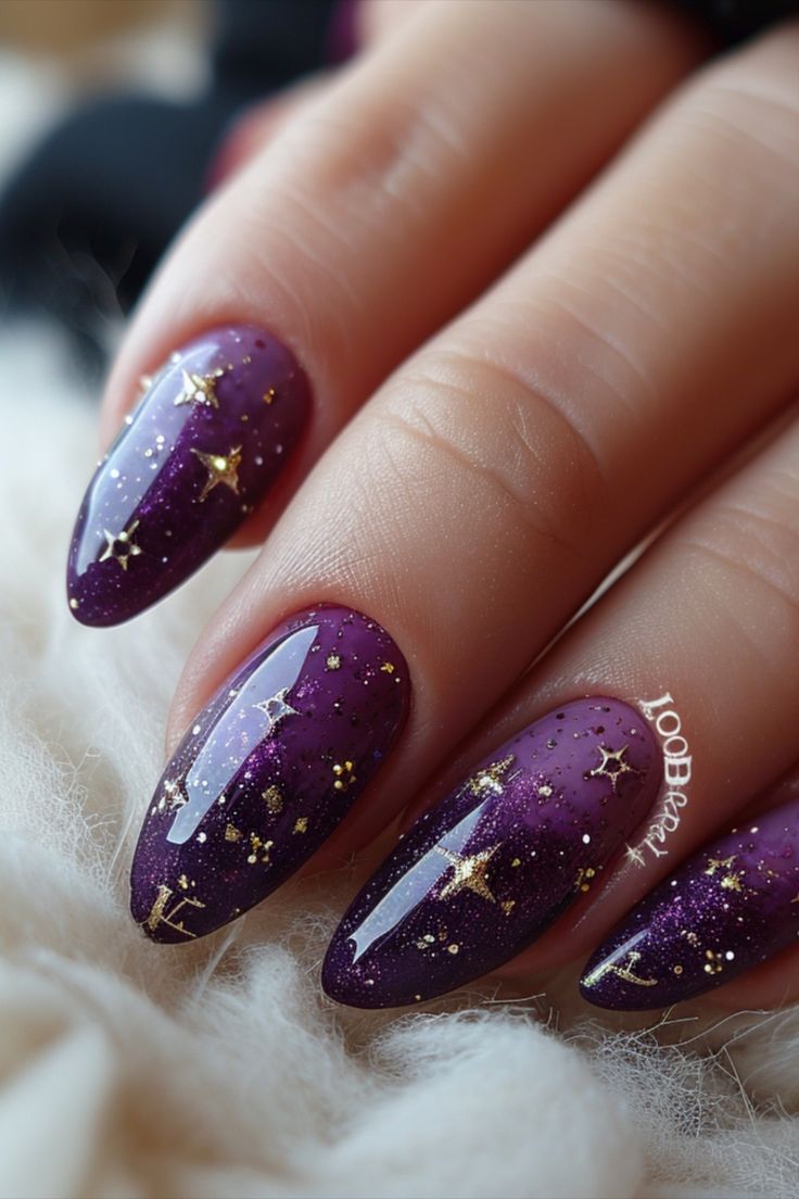 Purple Nail Designs 2024 Black And Purple Nails Wedding, Eclipse Nails 2024, Bridesmaid Nails Purple Dress, Purple Nails Witchy, Fall Nails Witchy, Purple Sun And Moon Nails, Flower Fairy Nails, Dark Purple Nail Designs Coffin, Purple Nails Elegant