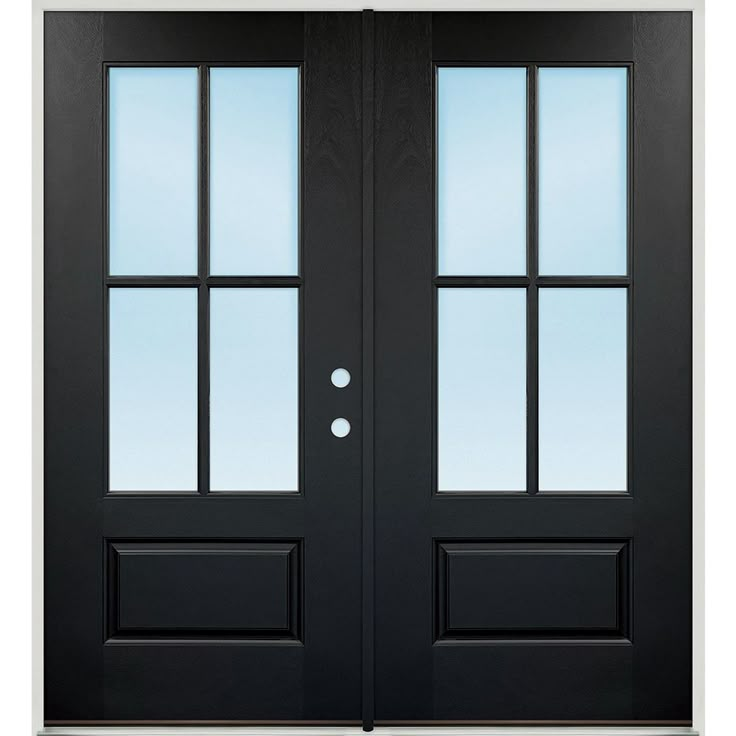 a black double door with two windows