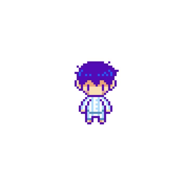 an image of a pixel art character with purple hair and blue eyes, standing in front of a white background