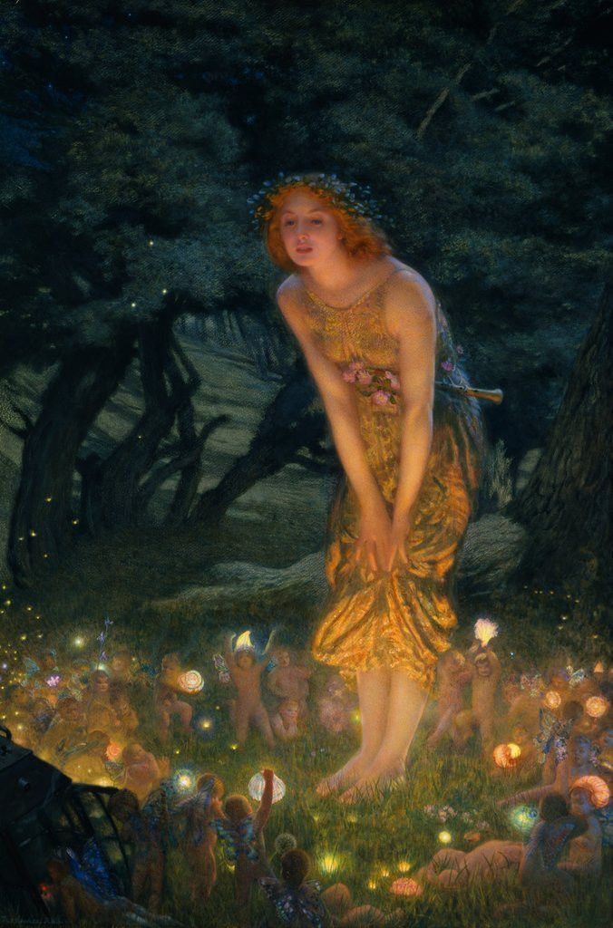 a painting of a woman standing in the woods with fairy lights on her chest and hands behind her back