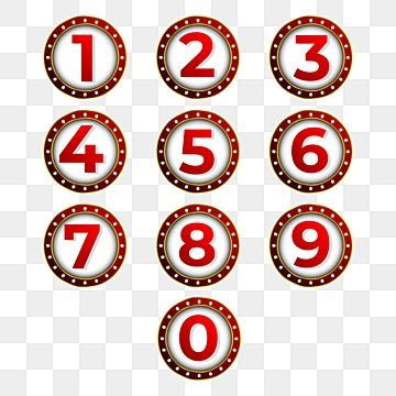 a set of numbers that are red and white with light bulbs around them, on a transparent background