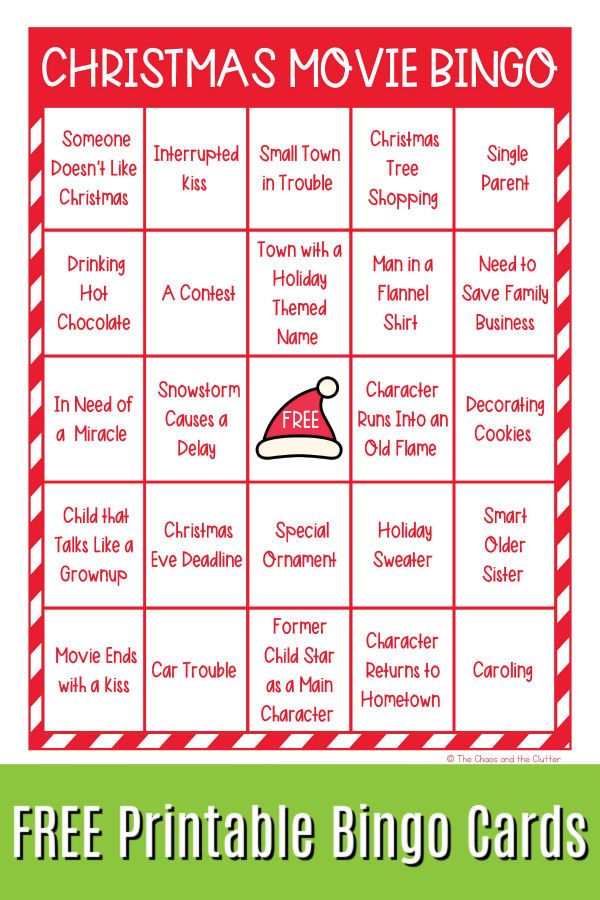 a christmas movie bingo game with the words free printable in red and white letters