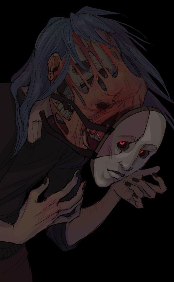 an anime character with blue hair and red eyes holding onto another character's face