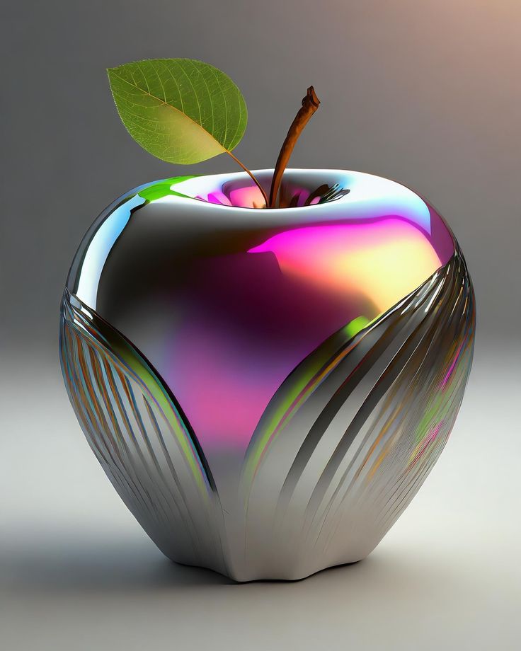 a shiny apple with a green leaf in it