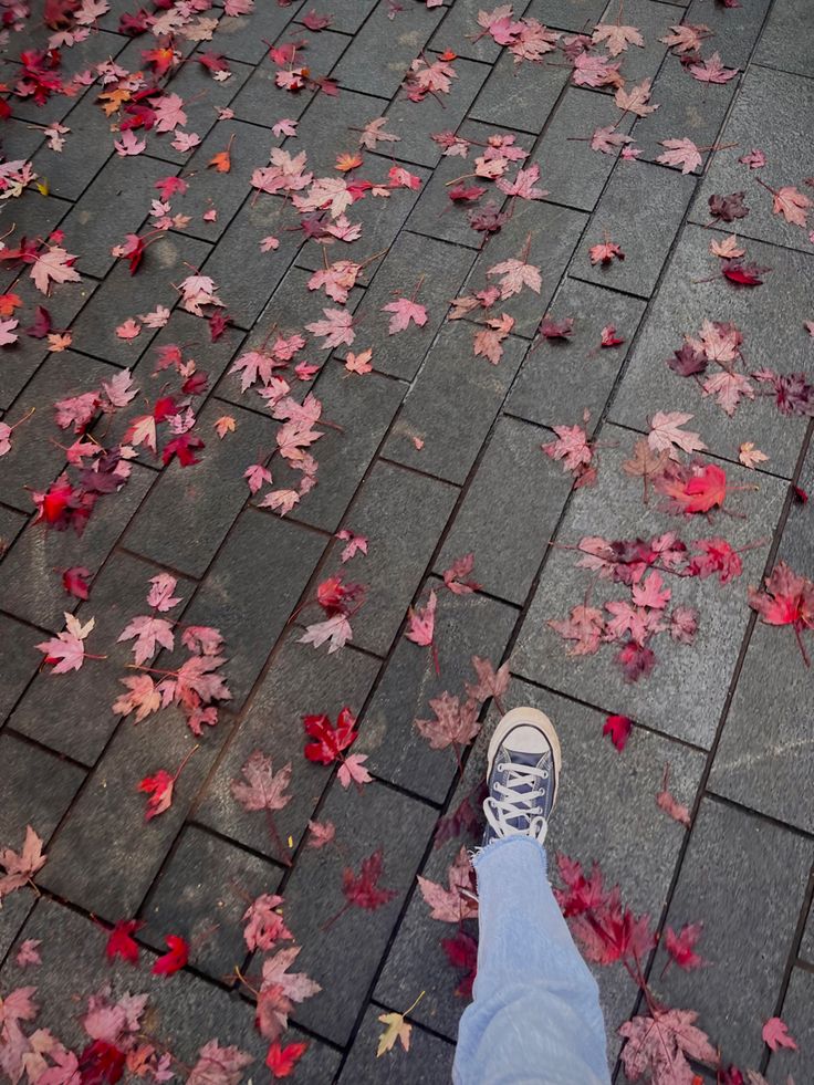 a person standing on a brick walkway with leaves all over the ground and their feet propped up