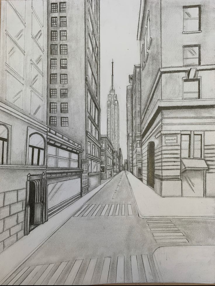 a pencil drawing of a city street with buildings