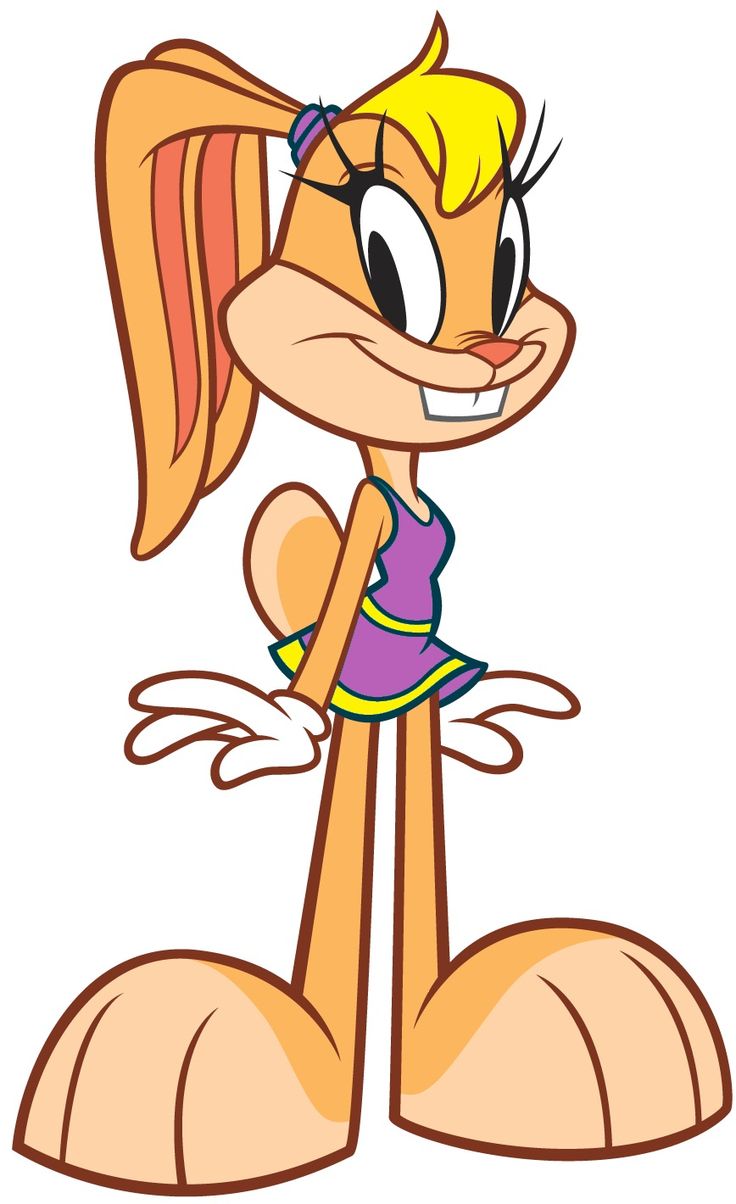 an orange and white cartoon character with big ears, wearing a blue dress and smiling