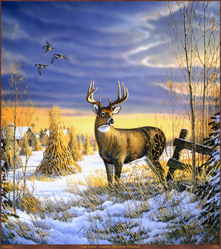 a painting of a deer standing next to a fence in the snow with birds flying overhead