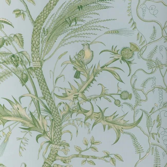 an image of a wallpaper with flowers and plants on it's side in pastel green