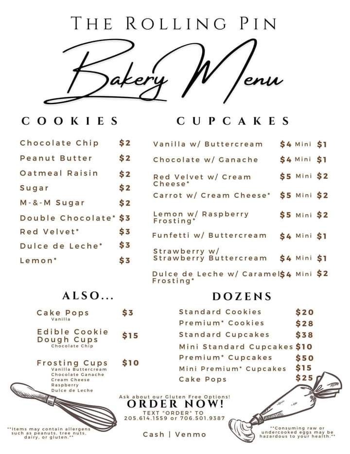 the rolling pin bakery menu is shown in black and white