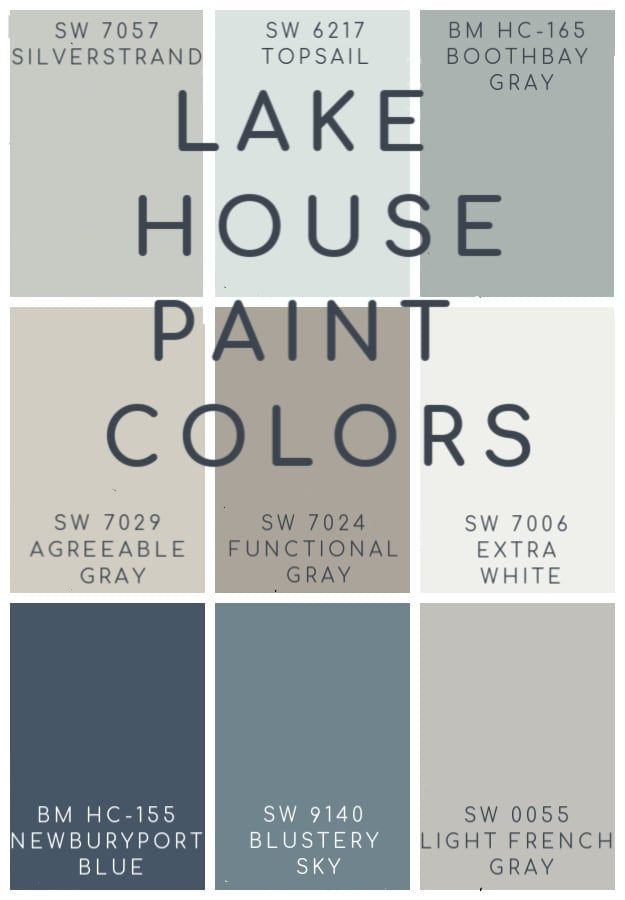 the color scheme for lake house paint colors is shown in shades of gray, blue and white