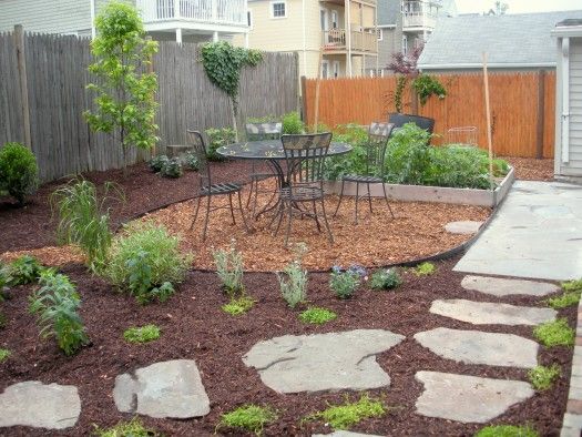 a backyard garden with stone walkways and landscaping