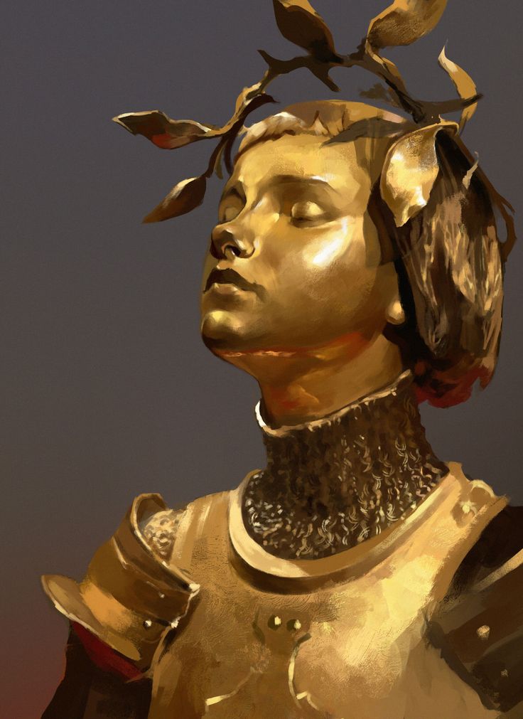 a golden statue with leaves on it's head