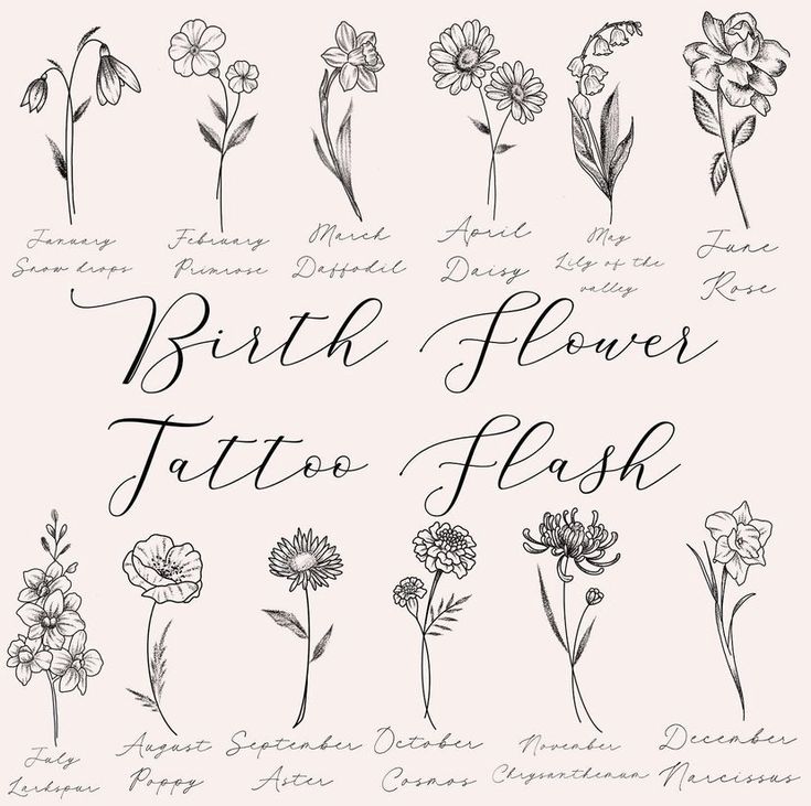 the birth flowers tattoo flash is shown in black ink