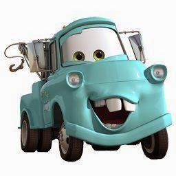 a cartoon character is smiling in the back of a blue truck with its mouth open