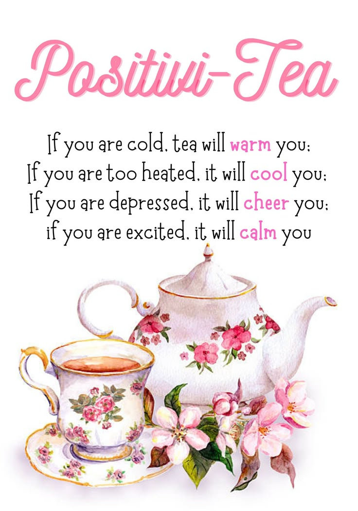 a greeting card with a teapot and cup on it, which reads positiv - tea if you are cold, tea will warm you if you