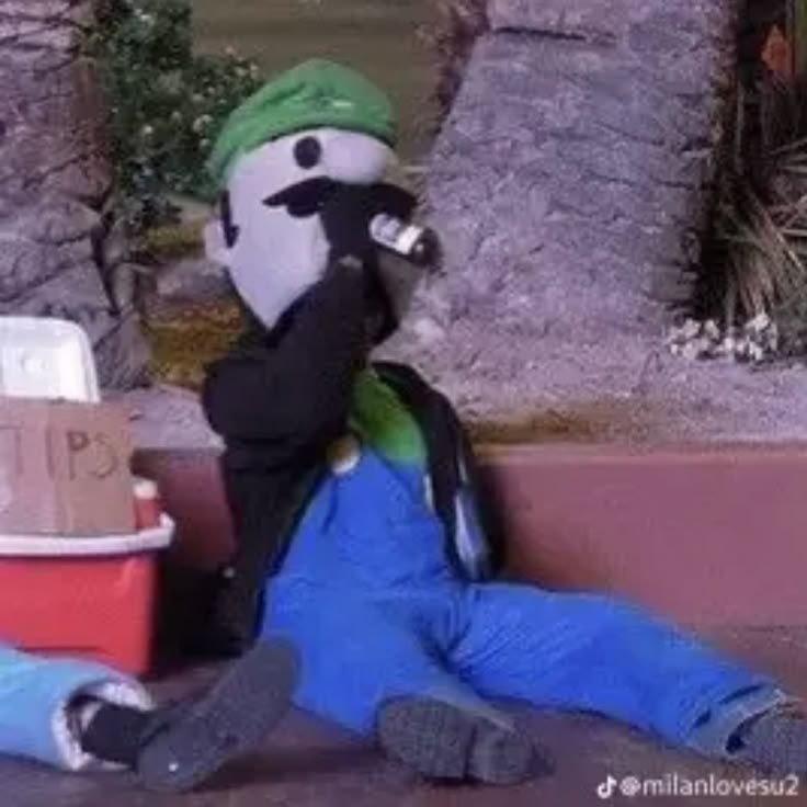 a person sitting on the ground next to a box and a stuffed animal wearing a green hat