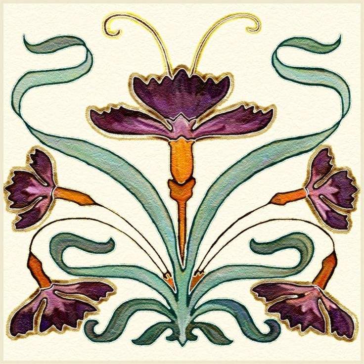 an artistically designed tile with flowers and swirls on the border, in shades of purple