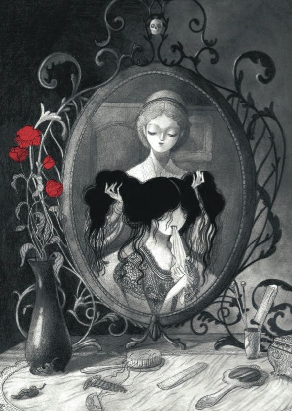 a drawing of two women in front of a mirror with red roses on the table