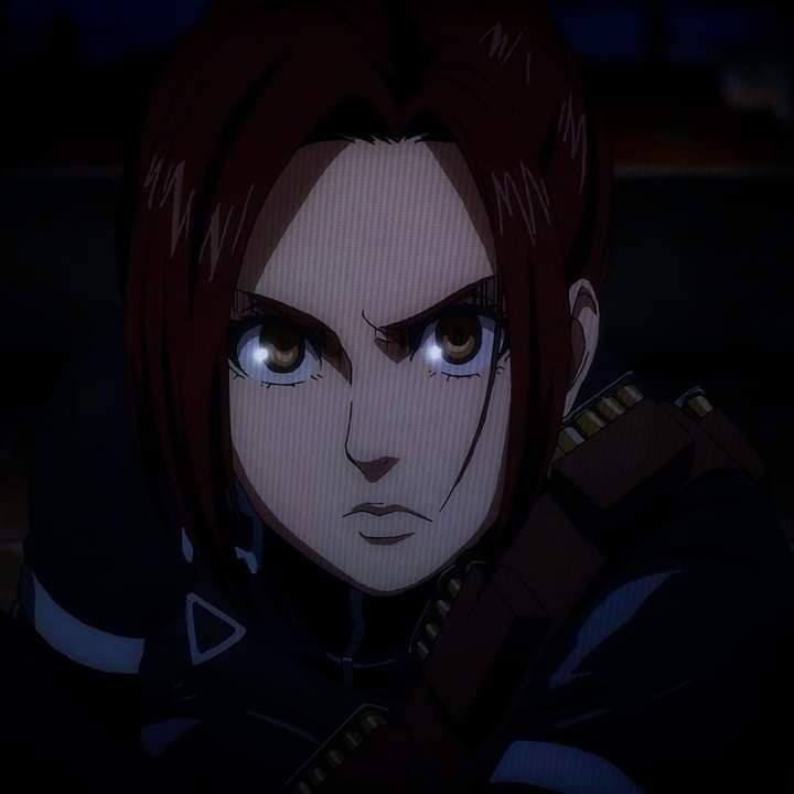 an anime character with red hair and blue eyes looking at the camera while staring into the distance