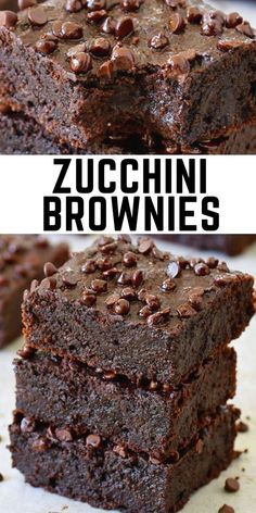 chocolate zucchini brownies stacked on top of each other with the words zucchini brownies above them