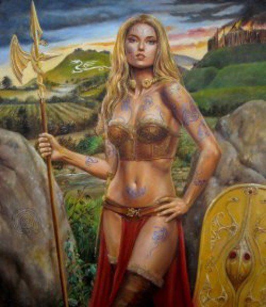 a painting of a woman with tattoos holding a spear